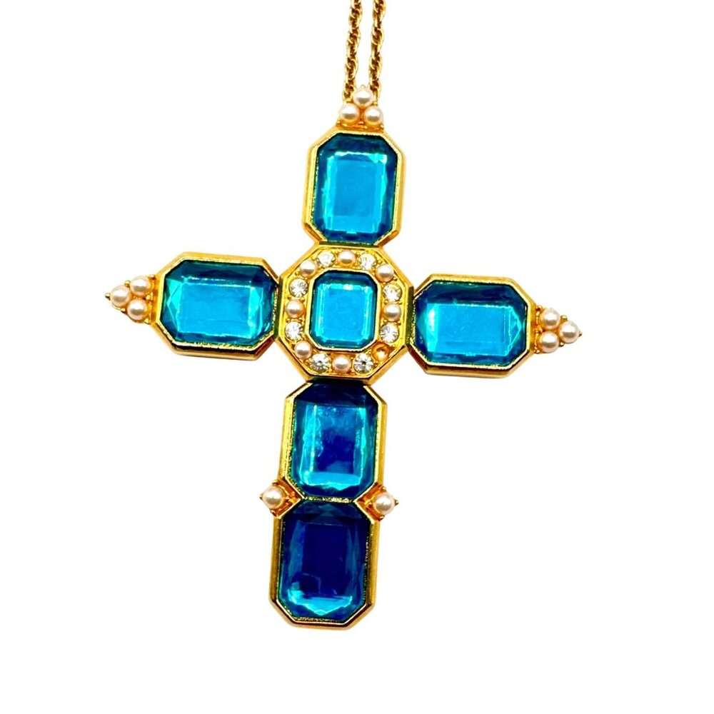 Alana Stewart Cross Necklace With Rhinestones And Faux Pearls